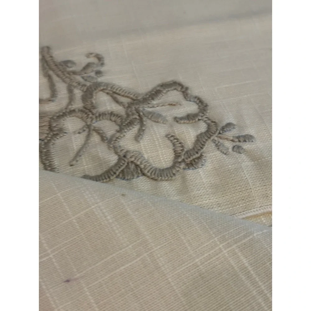 Vintage Cream Linen Napkin Taupe Floral Embroidery Neutral Table Decor Elegant